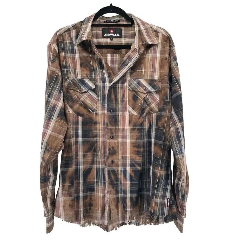 Airwalk Men’s Custom Bleached Ripped Distressed Plaid Button Front Top XL